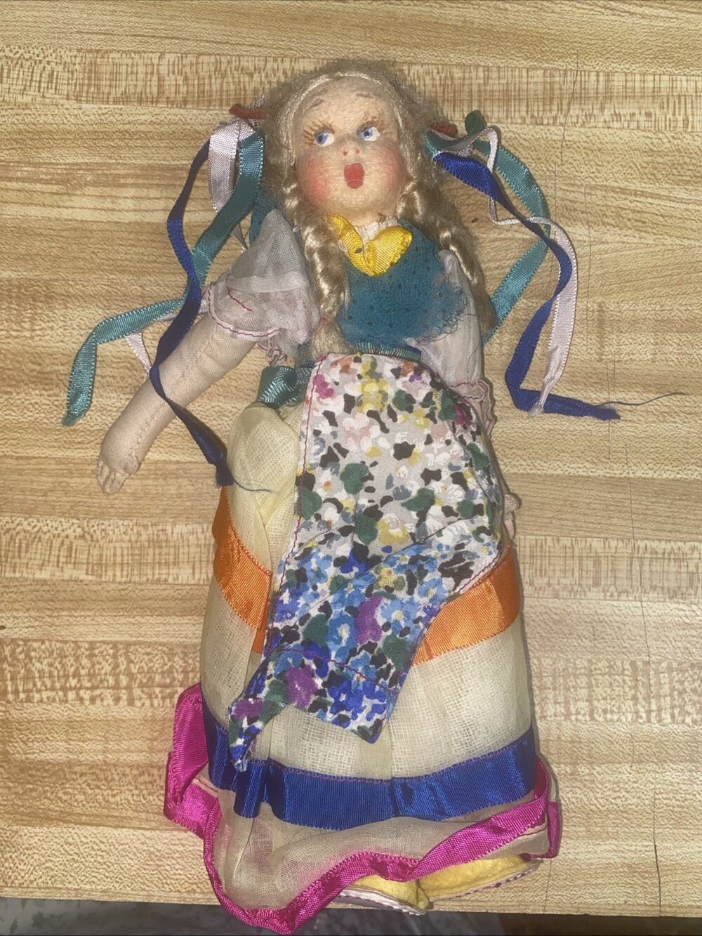 Vintage European Swiss Dutch Maid Doll with Flowers 9” Plaster With Cloth